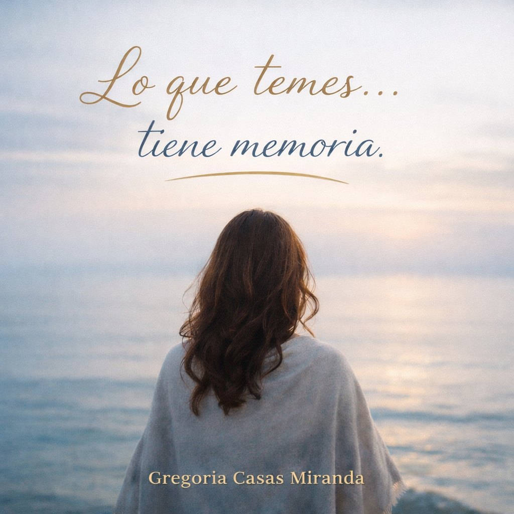 Mujer contemplando el mar al atardecer representando el miedo y la introspección emocional, con la frase “Lo que temes… tiene memoria”.