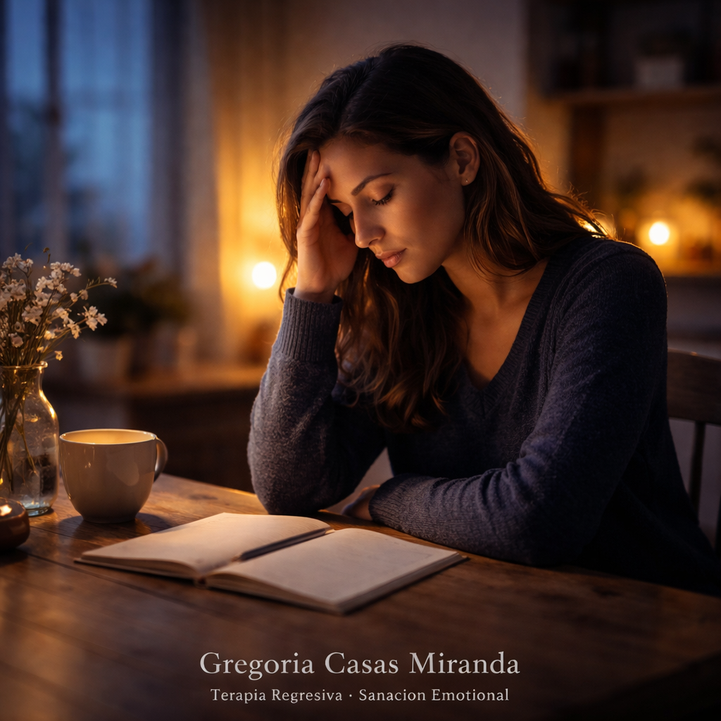 Mujer sentada sola en una mesa con gesto de inquietud y mano en la frente, en un entorno cálido e íntimo con vela y cuaderno, representando preocupación emocional y miedo al abandono.