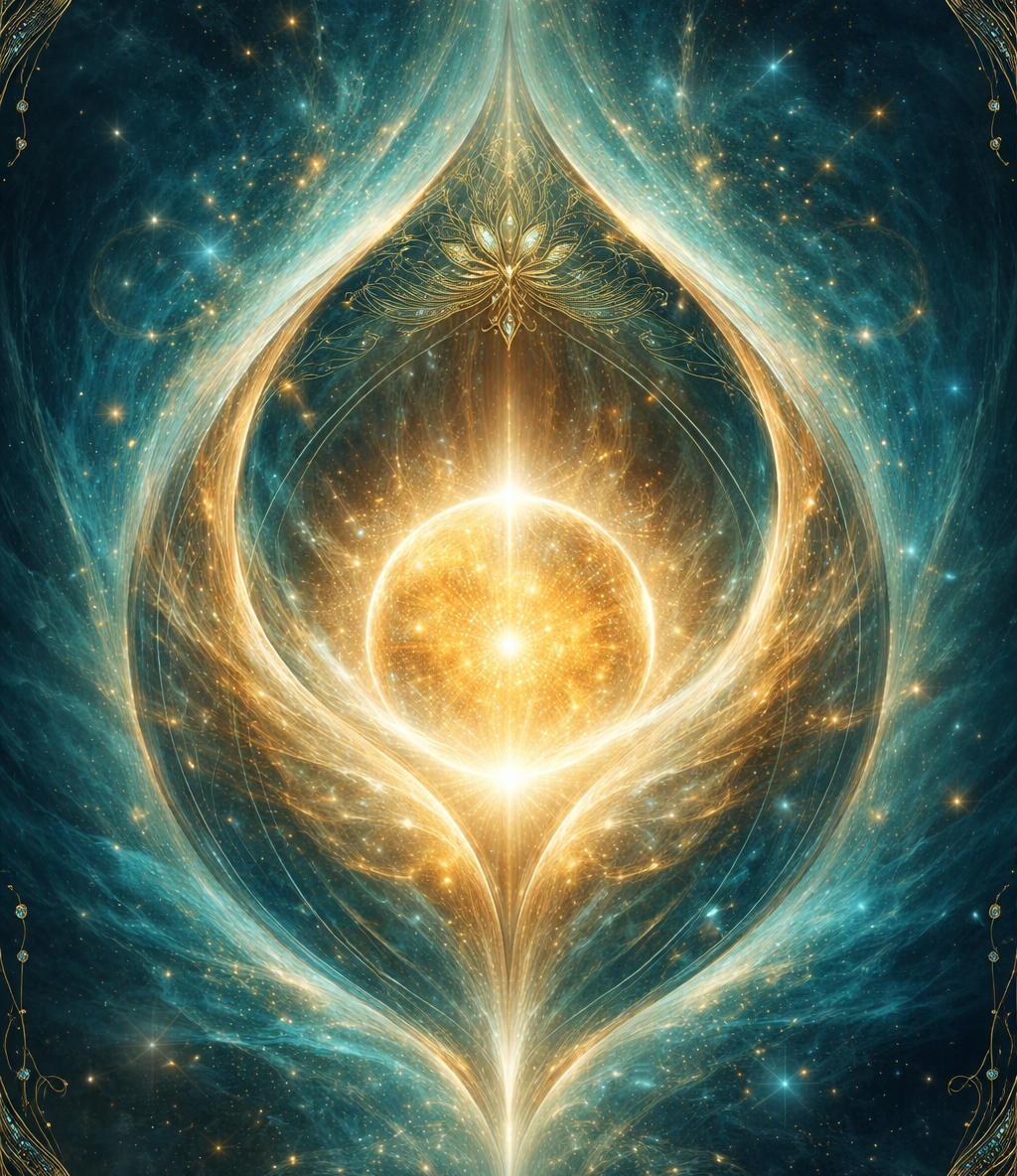 Esfera de luz dorada rodeada de tonos azules, representando un espacio de origen, calma y energía protectora.