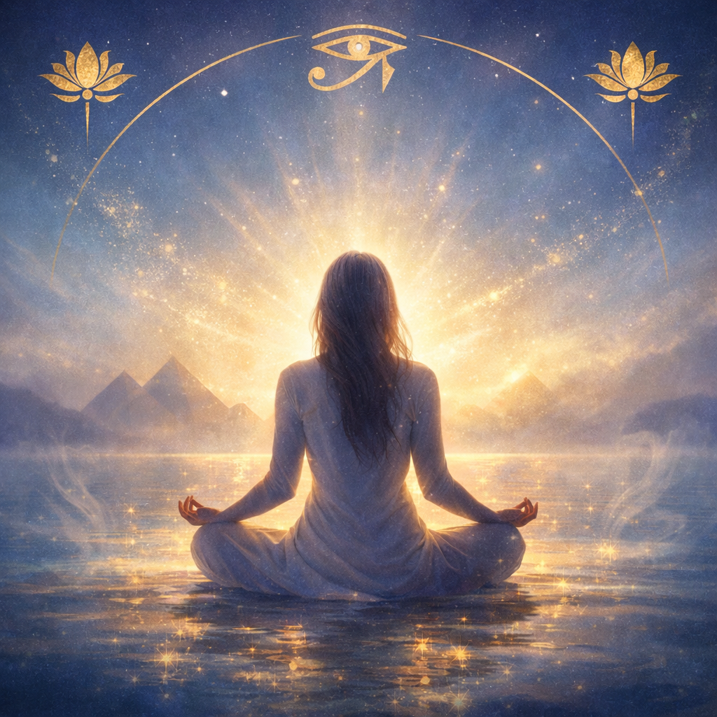 Mujer meditando frente al agua con luz dorada en el horizonte, rodeada de energía azul y símbolos espirituales egipcios, transmitiendo calma y conexión interior.