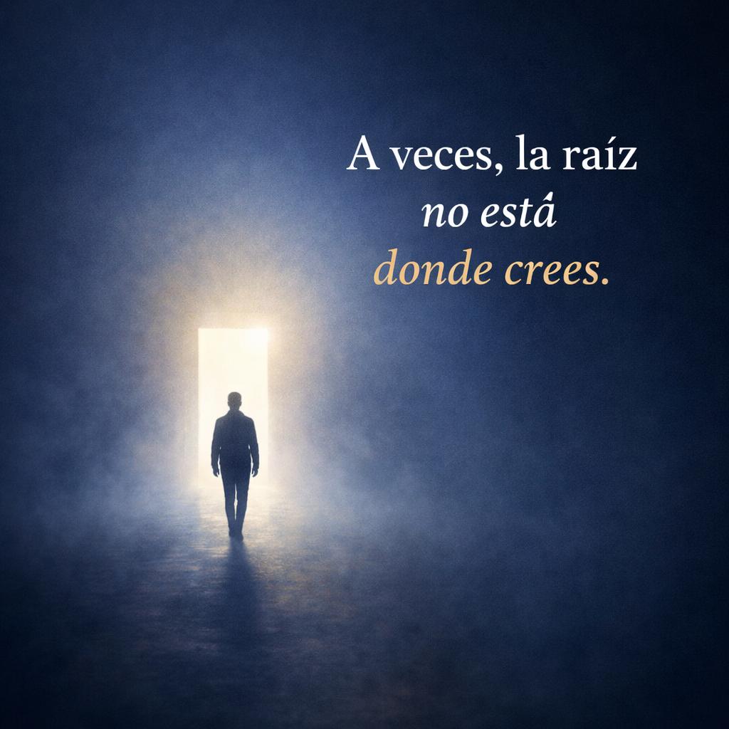 Una figura camina hacia una luz al fondo, envuelta en tonos azul índigo y una atmósfera serena. La escena sugiere un viaje interior, donde avanzar no es huir, sino acercarse a una comprensión más prof