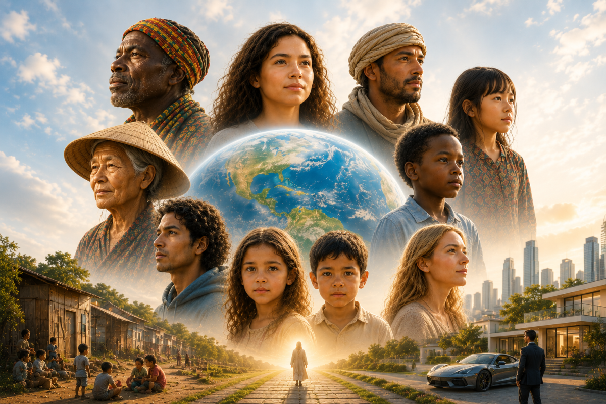Una ilustración artística y luminosa que muestra personas de diferentes culturas y realidades humanas alrededor del planeta Tierra, simbolizando la conexión, la diversidad y la unidad del alma más all