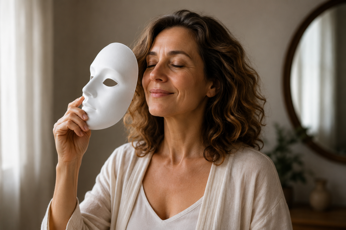 Mujer dejando atrás una máscara como símbolo de autenticidad, amor propio y transformación interior. Una invitación a creer en ti y atreverte a ser quien realmente eres.