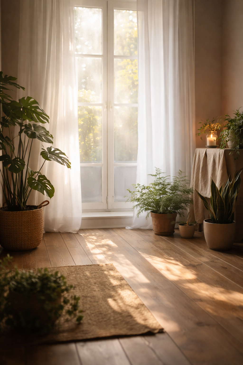 es una imegen de un salon, con una ventana con corinas y plantas, donde entra una luz suave y calida