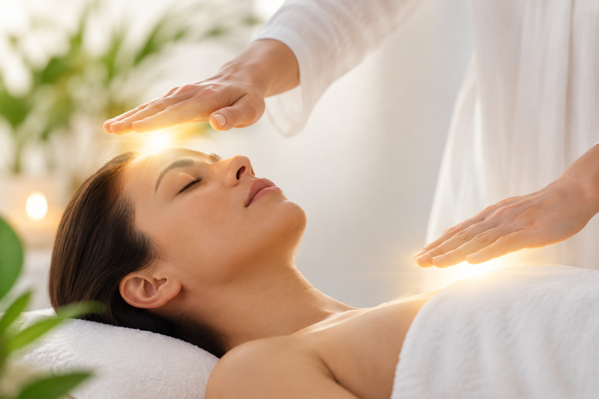 Sesión de Reiki realizada mediante imposición de manos sin contacto físico, en un ambiente tranquilo, orientada a favorecer la relajación, reducir el estrés y promover el bienestar y conexión interior