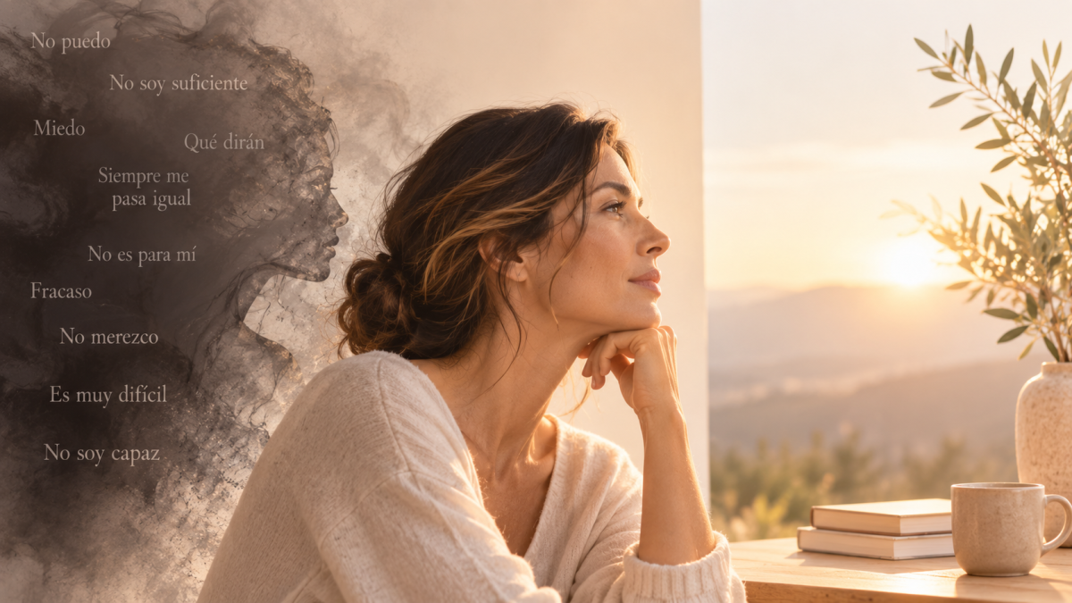 Mujer reflexionando mientras deja atrás pensamientos y creencias que pueden estar limitando su forma de verse y vivir.